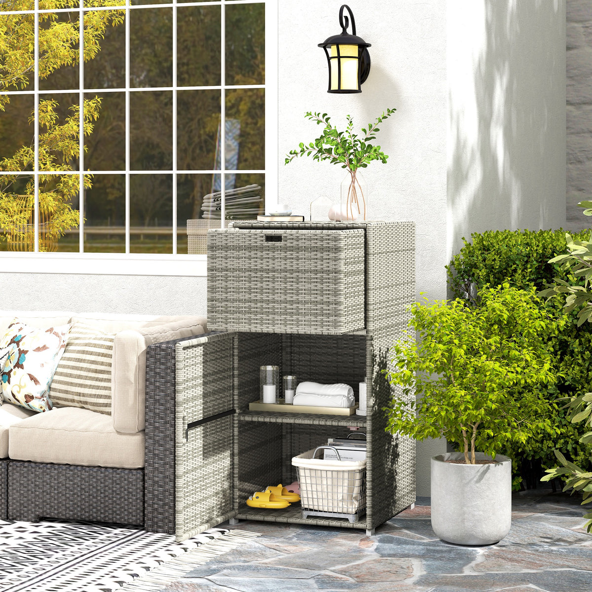 Outdoor Towel Rack For Pool W Drawer and Cabinet Gray