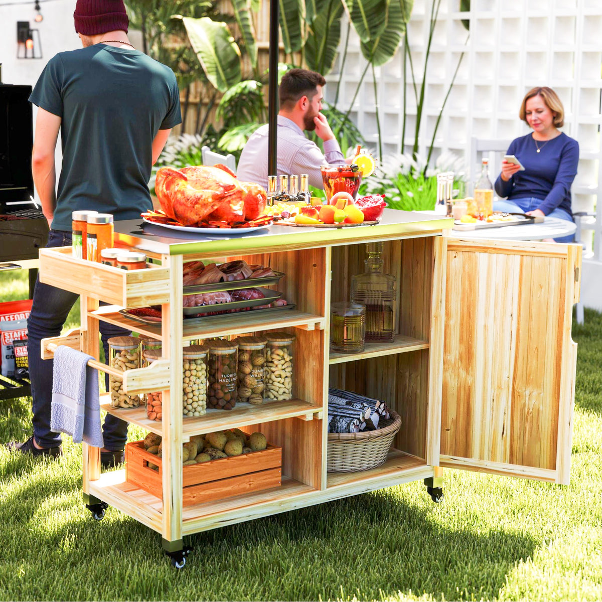 Outdoor Grill Cart With Stainless Steel Top, Solid Wood Outdoor Kitchen Island With Wheels Natural Wood