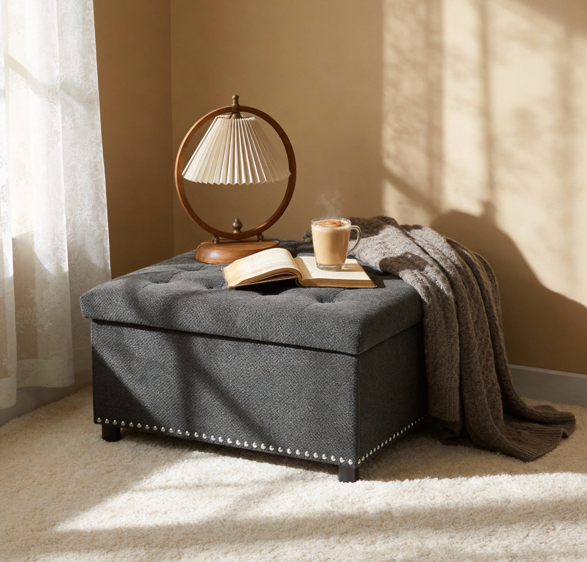 Square Storage Ottoman, Small Space Furniture, Home Decor.Dark Grey