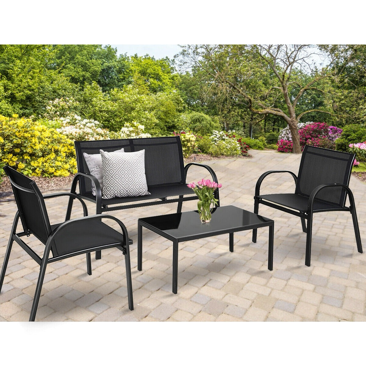 4 Pieces Patio Furniture Set With Glass Top Coffee Table-Black