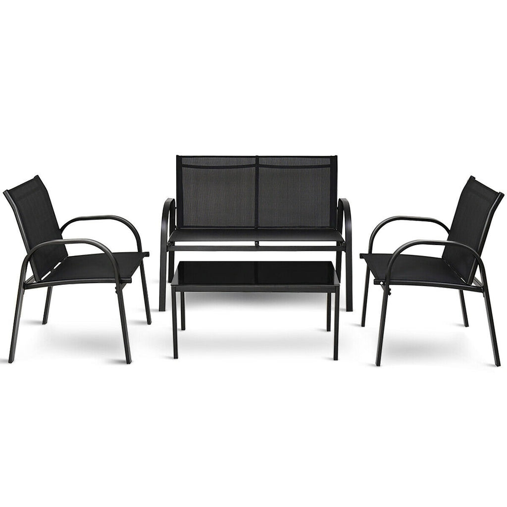 4 Pieces Patio Furniture Set With Glass Top Coffee Table-Black
