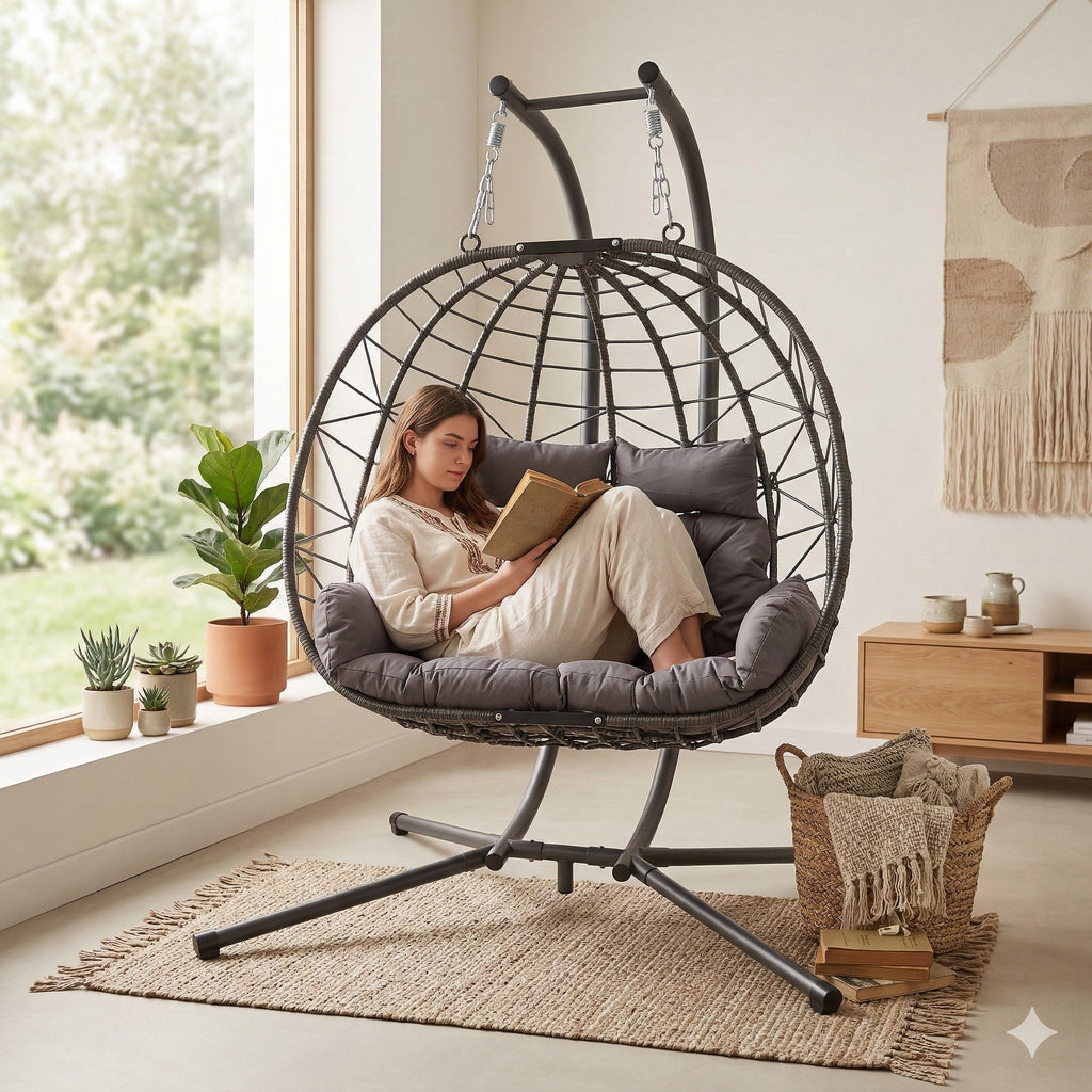 Double Hanging Egg Chair Wth Stand  Patio Hammock Swing Chair With Cushion Loveseat For Bedroom  Balcony  Garden  Indoor  Outdoor