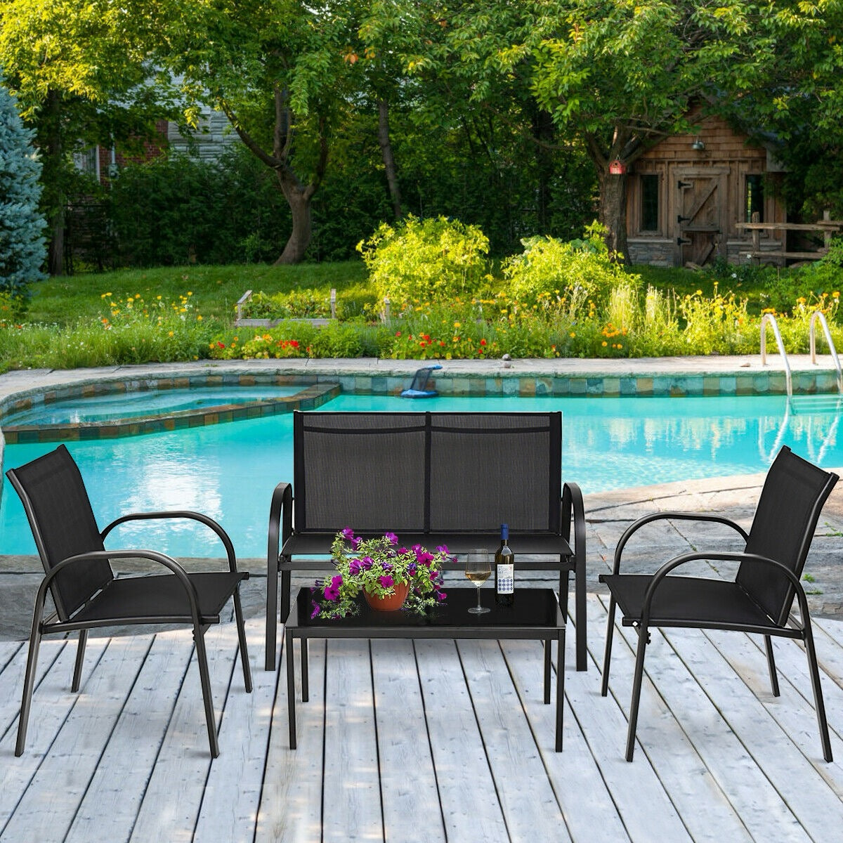4 Pieces Patio Furniture Set With Glass Top Coffee Table-Black