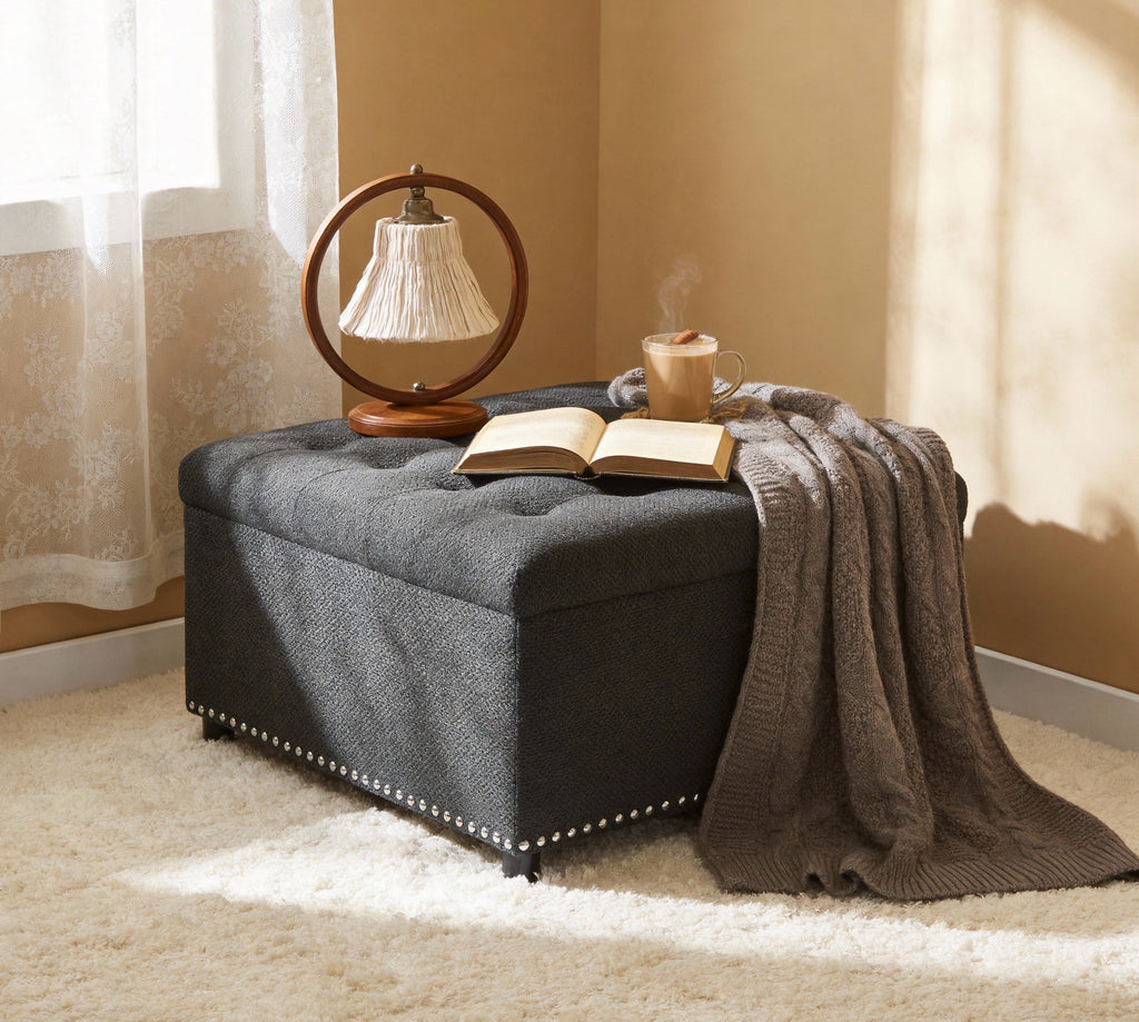 Square Storage Ottoman, Small Space Furniture, Home Decor.Dark Grey