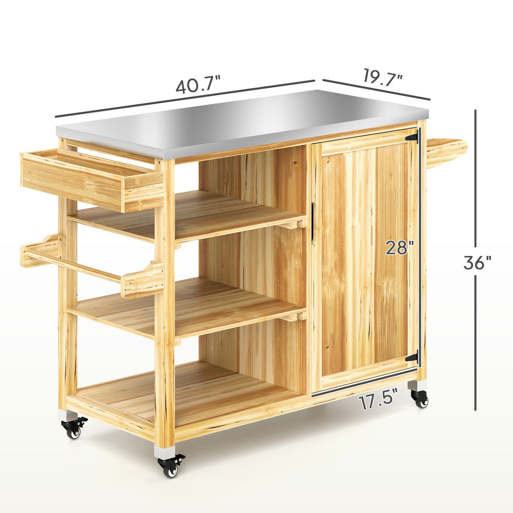 Outdoor Grill Cart With Stainless Steel Top, Solid Wood Outdoor Kitchen Island With Wheels Natural Wood