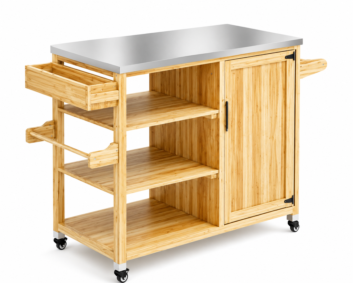 Outdoor Grill Cart With Stainless Steel Top, Solid Wood Outdoor Kitchen Island With Wheels Natural Wood